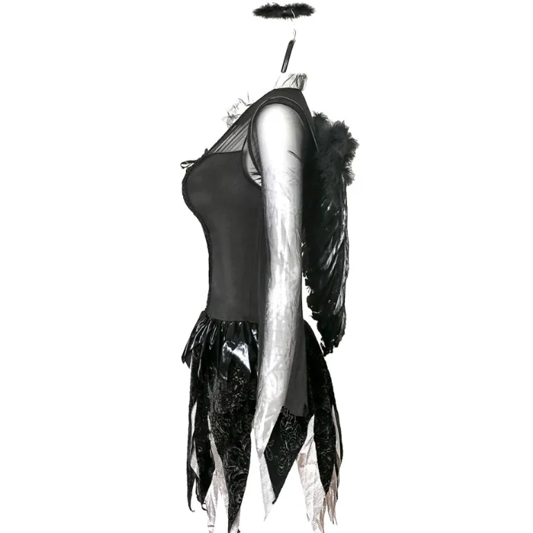 Black Fallen Dark Angel Halloween Woman Fancy Dress Costume with Halo and Wings