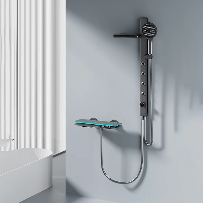 Multifunctional Brass Thermostatic Shower Set Push Button Digital LED Light Mixer with Rain Soft Spray Patterns Bathroom Faucet