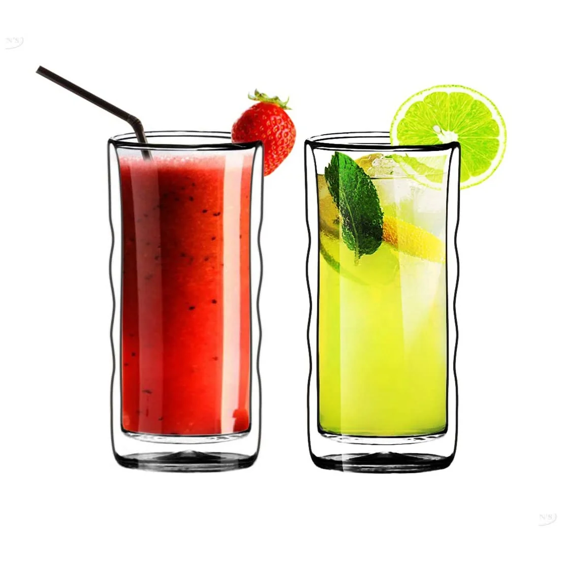 
16 OZ Strong Double Wall Insulated Glass Tumbler Ocean Wave High Ball Design for Tropical Drink Bali Style Set of 2 