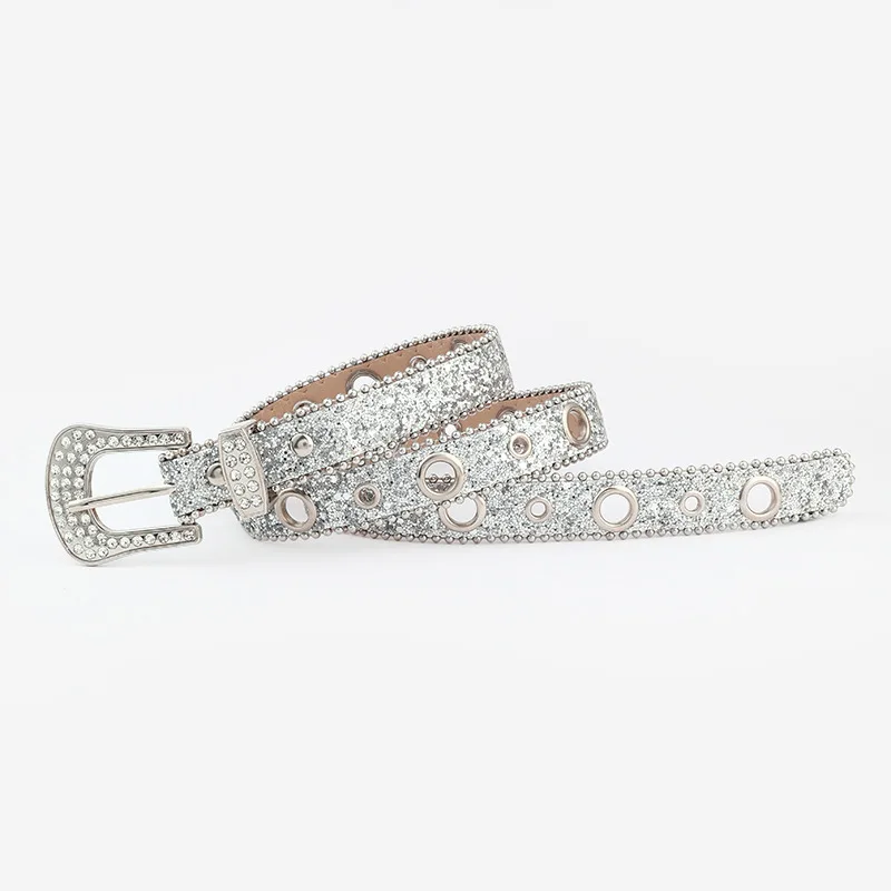 Ladies Bling Bling PU Belt Rhinestone Decorated Fashion Personality Sequins Full Drill Air Corns Hollow Out Belt