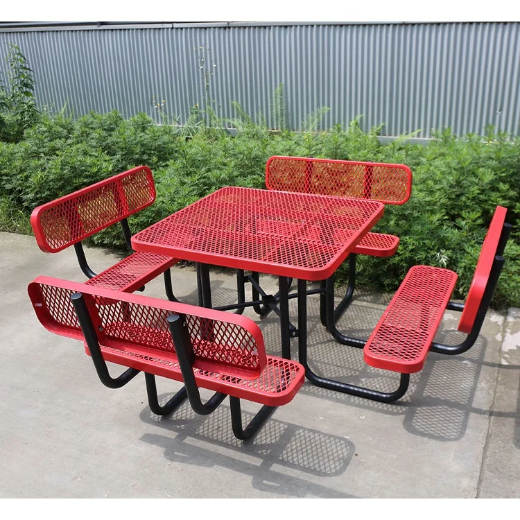 outdoor public commercial steel square picnic table with backrest bench restaurant outside metal table and chair for event