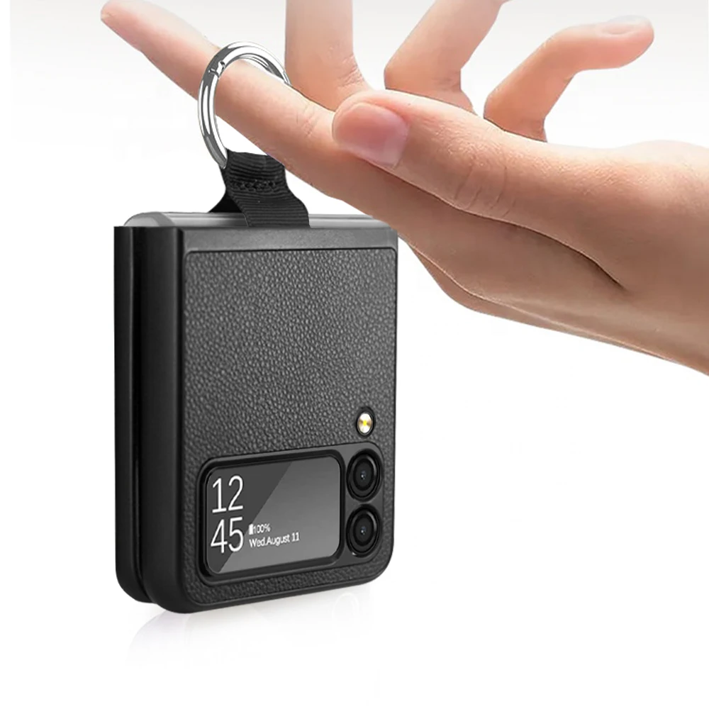 PU Leather Case for Galaxy Z Flip 3 Cover with Finger Ring Litchi Pattern Shockproof Anti-knock Shell for Galaxy Z Flip 3 Case