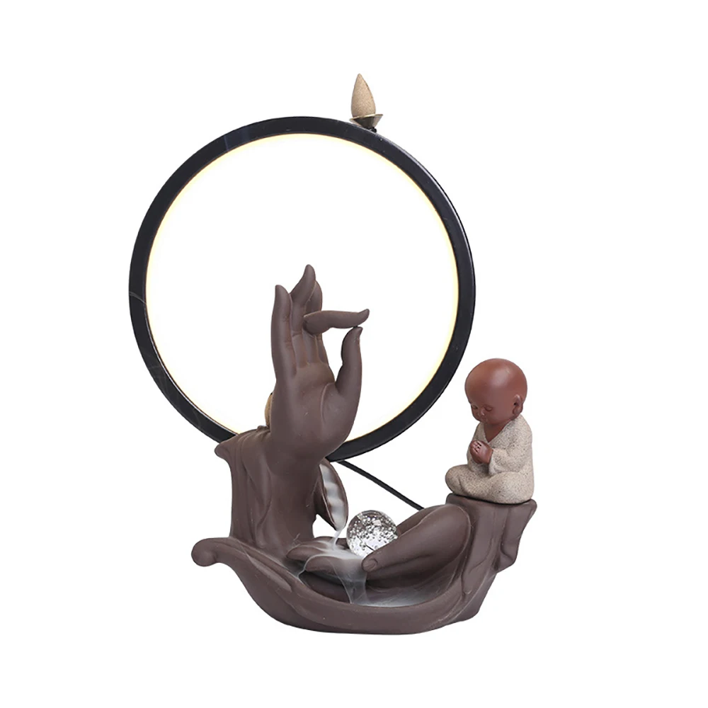 Ceramic Buddha Bergamot Backflow Incense Burner with LED Lamp Circle Sandalwood Holder Home Indoor Aroma Ornaments