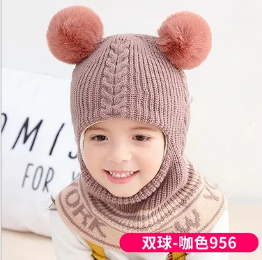 Thick Beanie Warm Winter Hat Kids Children Knitted Hooded Scarf Knit Letter Pom Pom Earflap Hat Cap Scarves Child Accessories