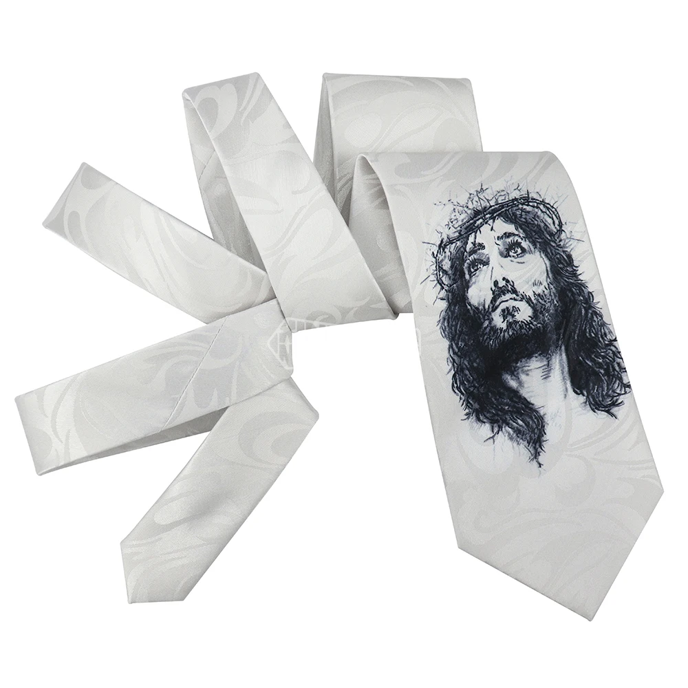 Religious Neckties White Christian Inexpensive Ties Mens Custom Printed Jesus Tie For Men Microfiber