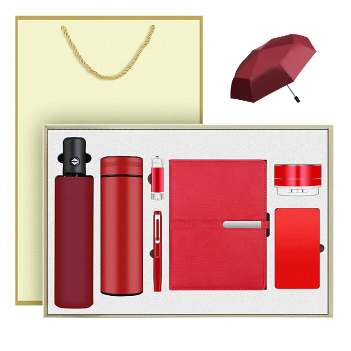 Red 7 in 1 KIT gift items creative pen USB Mug Umbrella Power Bank Speaker notebooks gifts for teachers