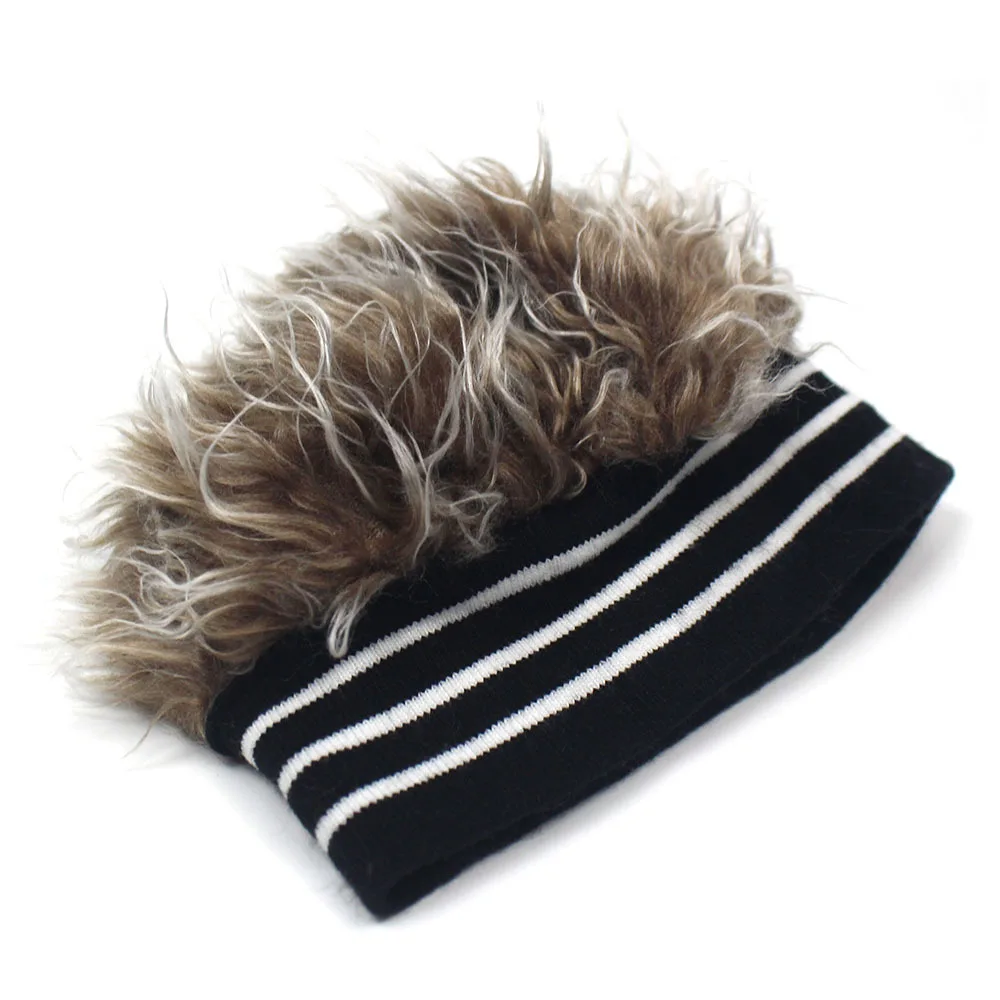 Fuchs Black and White Striped Headband Knitted Dockers Hat Hip-Hop Wig Cap with Hair Woolen Knitted Hoodie Hat