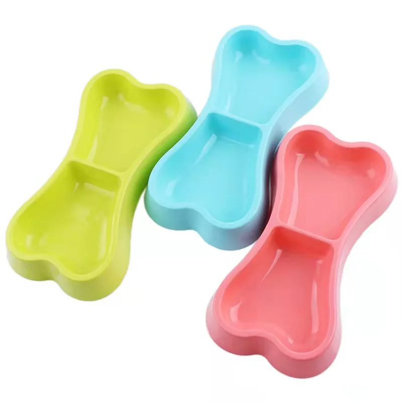 Factory Direct Sale Cute Bone Shape Plastic Pet Dog Cat Double Bowl