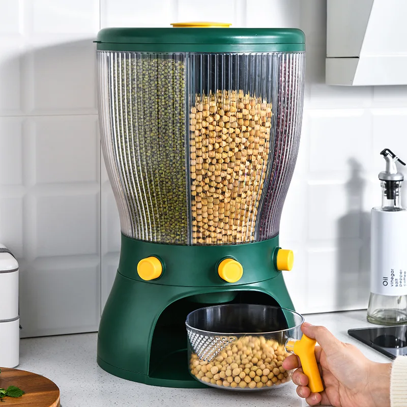 360 rotating rice dispenser glass 12kg rice dispenser 6 grid Cereals and Grain dispenser supermarket dry food storage