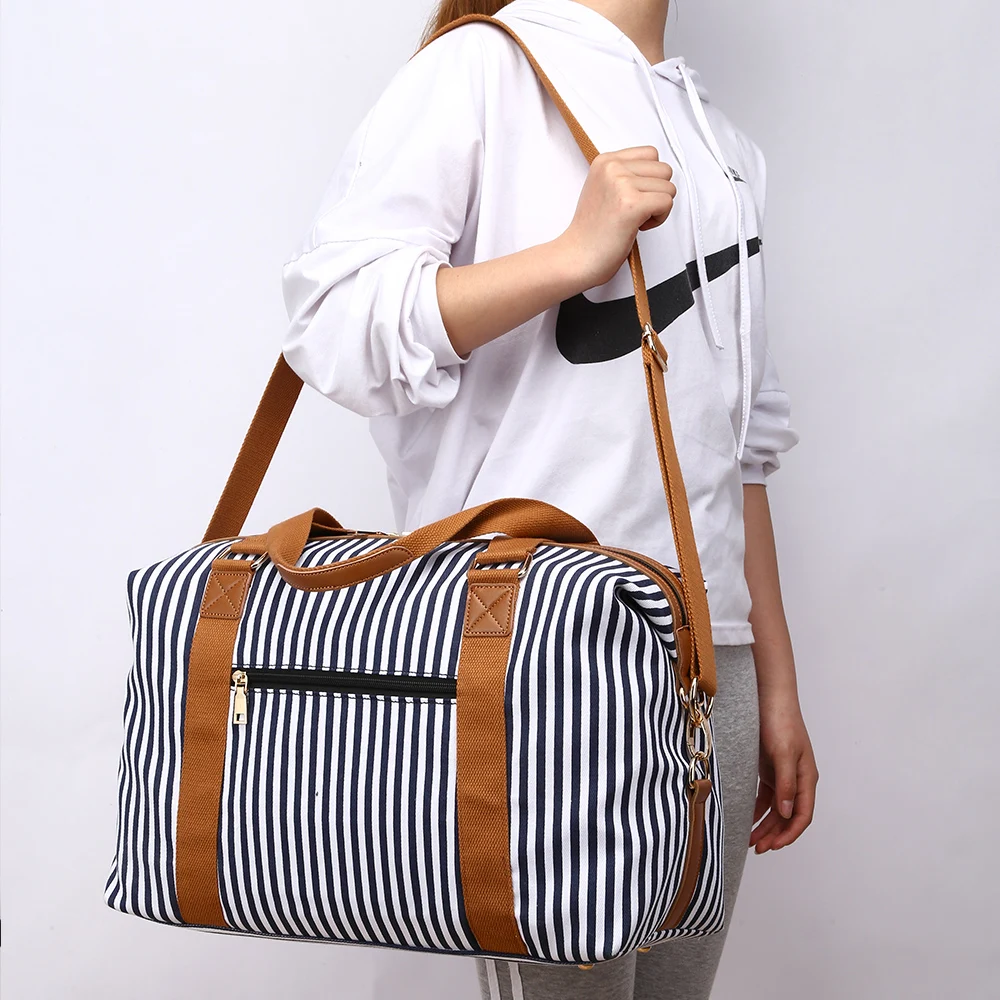 ZUOLUNDUO New designer fashion custom logo blue white stripes outdoor luxury duffle luggage bag large capacity travel bag set