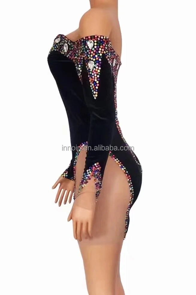 INNOIN New Women Nightclub Party Stage Wear Bling Costumes Sexy Cape Full Of Gold Sparkling Crystals Clothing