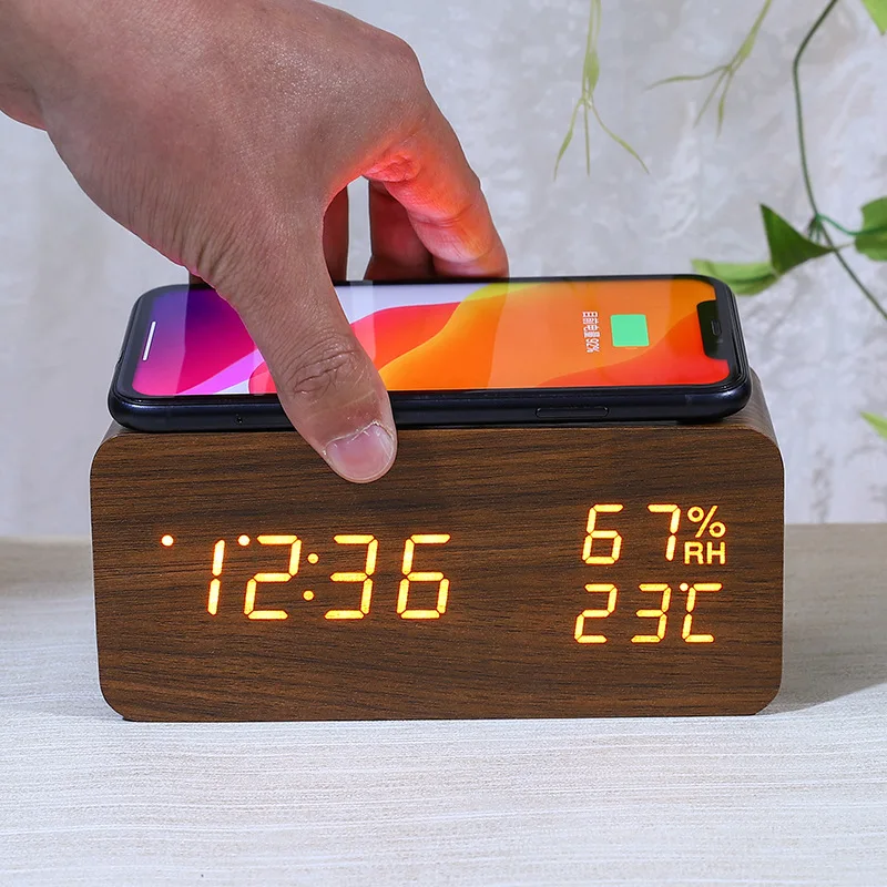 Product wooden alarm clock wireless charger FM radio alarm clock wood phone  wireless charger alarm clock