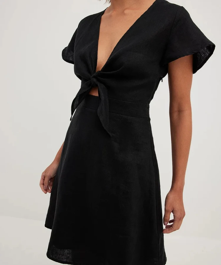 Custom Logo New Design High Quality Tie Front  Dress Mini Casual Dress Spring Summer Women Linen Dresses