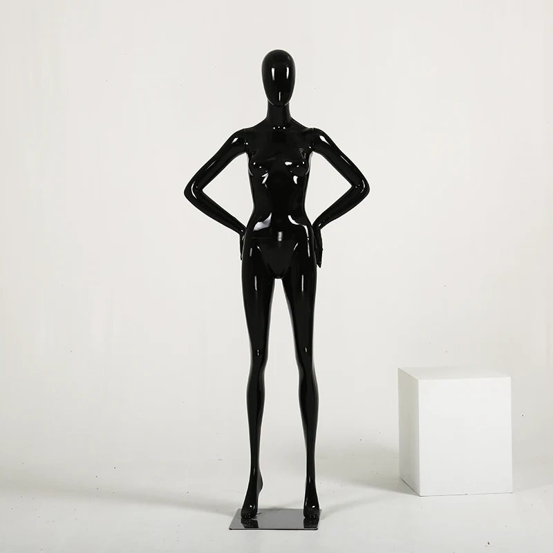 Fashion Style Of Smiling Full Body With Head Gloss Black Female Fiberglass Mannequin