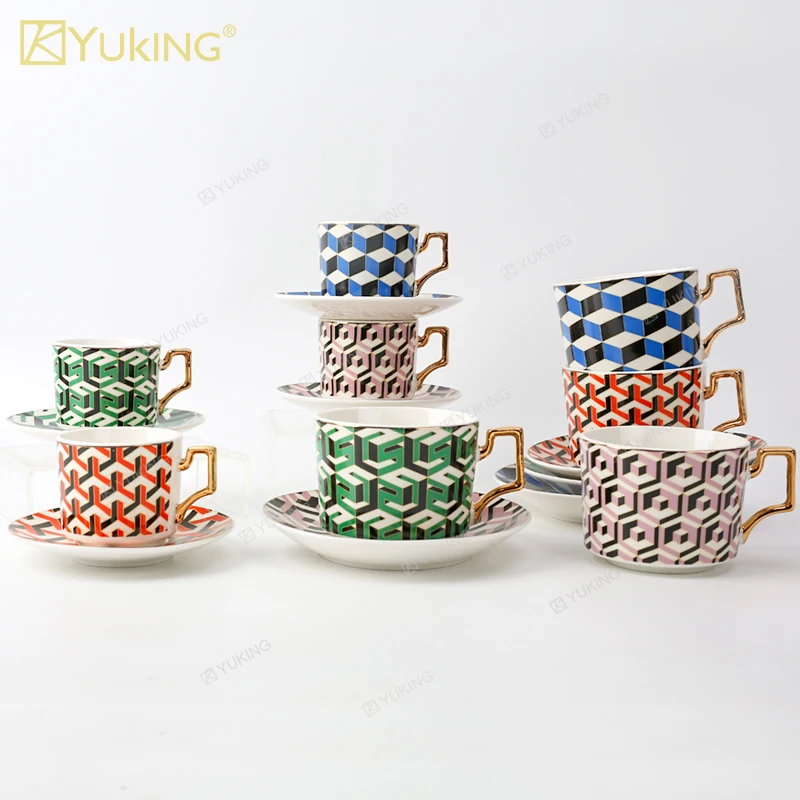 Yuking turkey royal Nordic Gold Luxury Rim Blue Decals Coffee Tea Cup Sets Porcelain  Handle British Fine Bone China customized