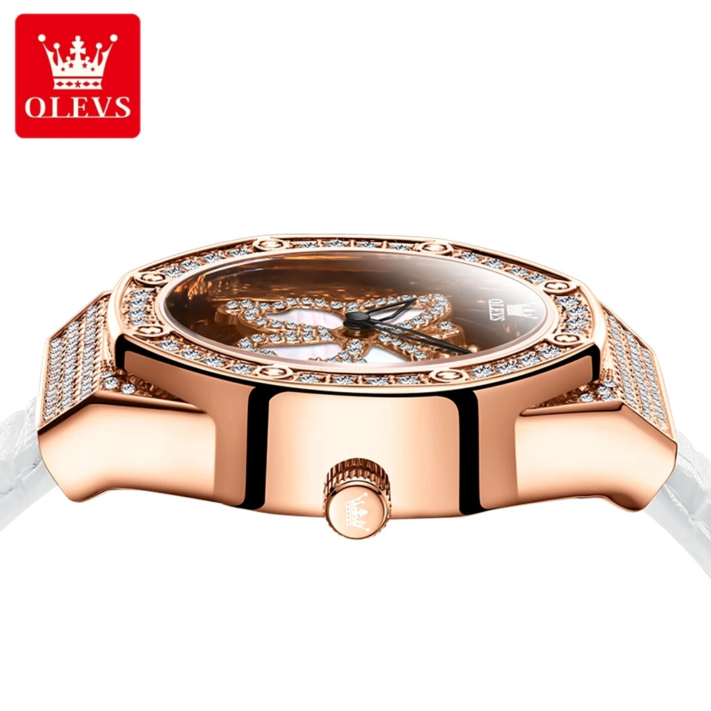 OLEVS 9996 Original Watch for Women  Waterproof Leather Strap Ladies Quartz Wristwatches Hollow Rotatable Butterfly Dial