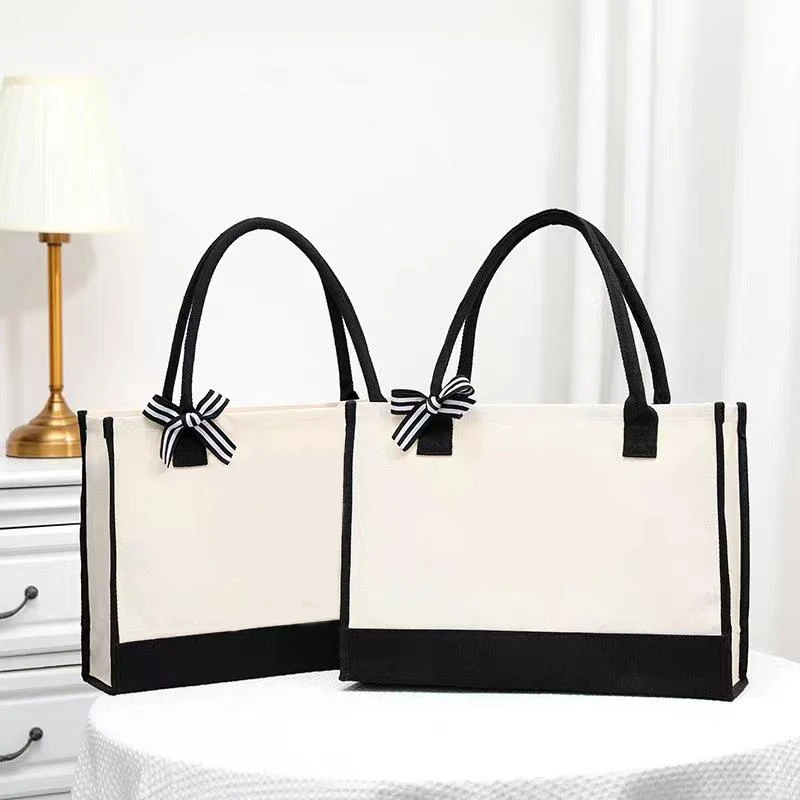 New Fashionable Multi Purpose Cream Color Women Handbags Cotton Shopping Beach Bag Two-tone Canvas Tote Bag Wit Black Handles