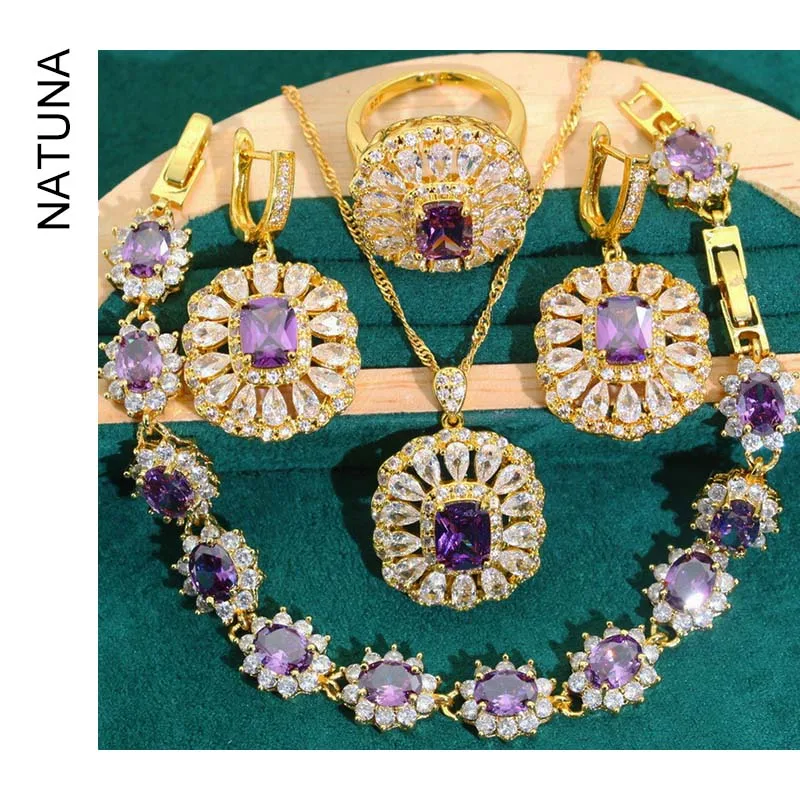 Natuna Simple And Atmospheric Purple Zircon Set Chain Necklace Earrings Rings Women Jewelry For Gift