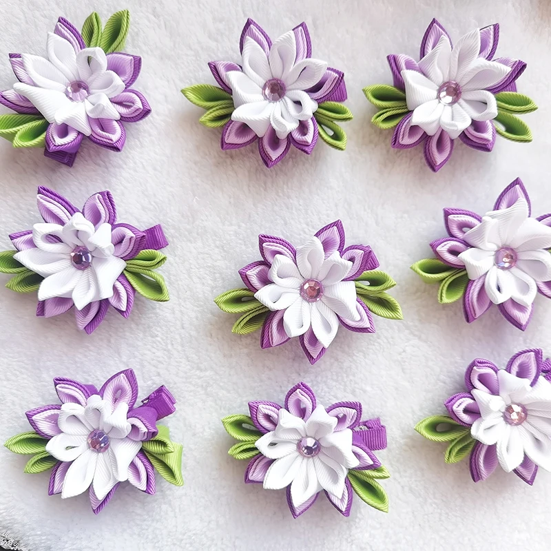Variety of Colors Customer Girls Pigtail Flower Bows Hair Clips Schools Ribbon Purple Hair Bow