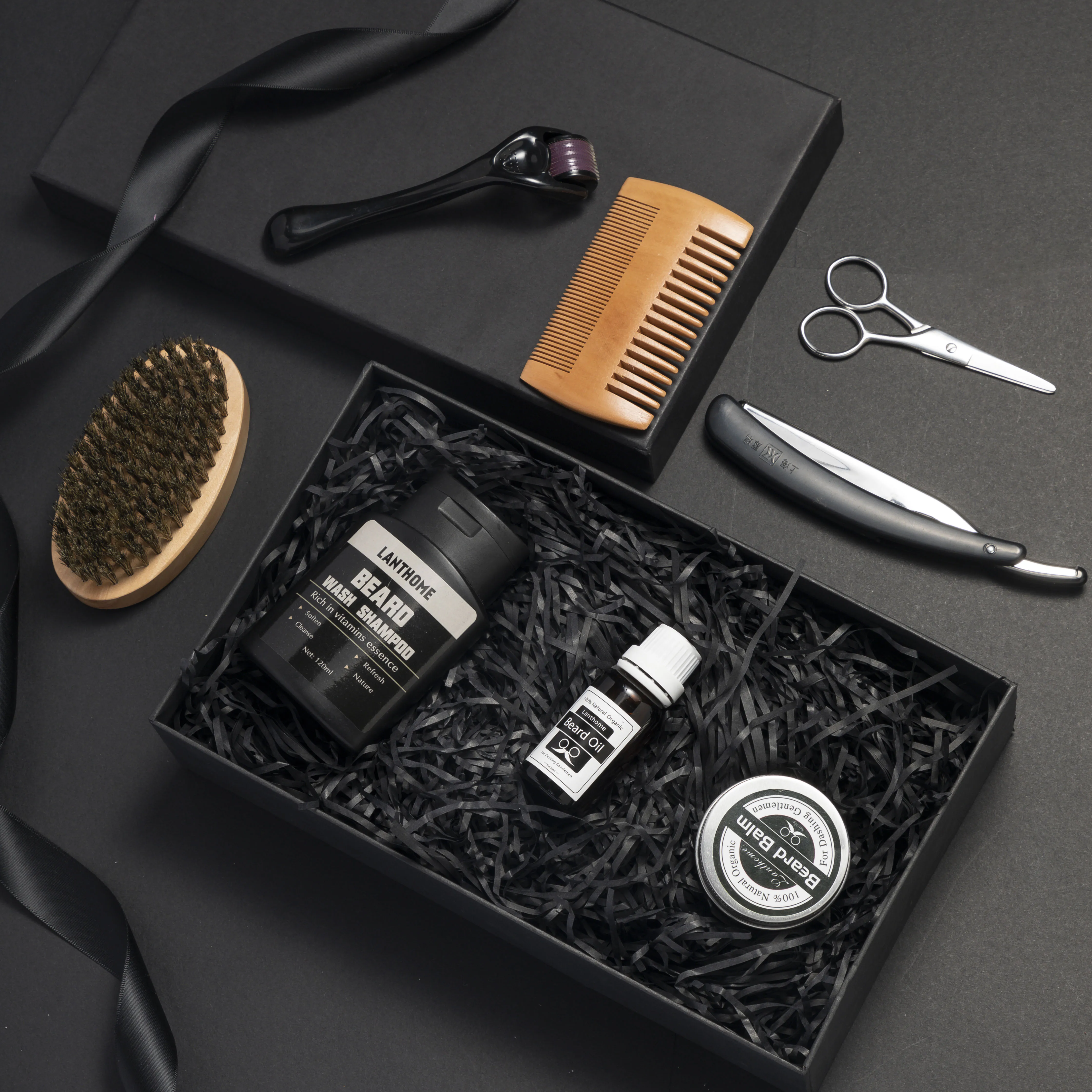 LANTHOME Men Organic Beard Oil Balm Moustache Wax Styling Beeswax Moisturizing Smoothing Gentlemen Beard Care Grooming Kit