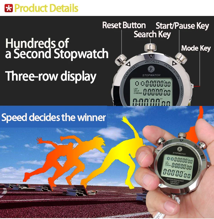 Digital Metal Multifunctional Stopawtch Water Resistant 30 Memory Lap Split Time 1/100 Second Handheld Led Display Timer