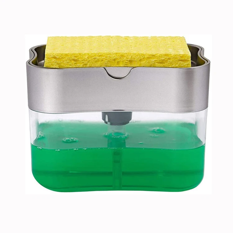 
Kitchen Soap Pump Sponge Caddy Dispenser 2-in-1 Manual Press Liquid Soap Dispenser with Washing Sponge 