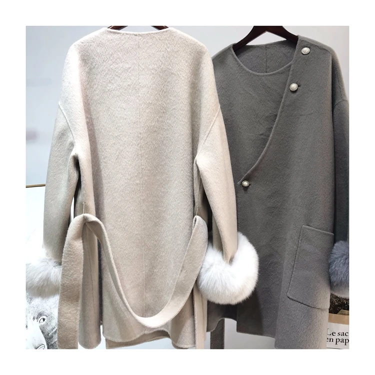 Real fox fur cashmere jacket double faced hand made alpaca wool long coat for women