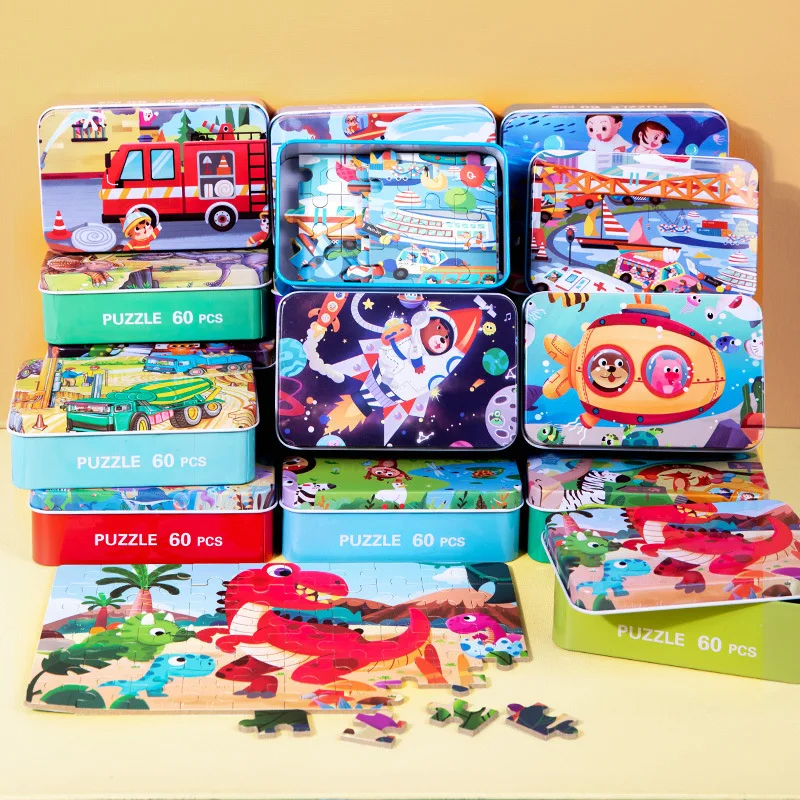 Educational Toy 60 Pieces Set Popular Children Play Wooden Cartoon Puzzles Iron Box Jigsaw Puzzles