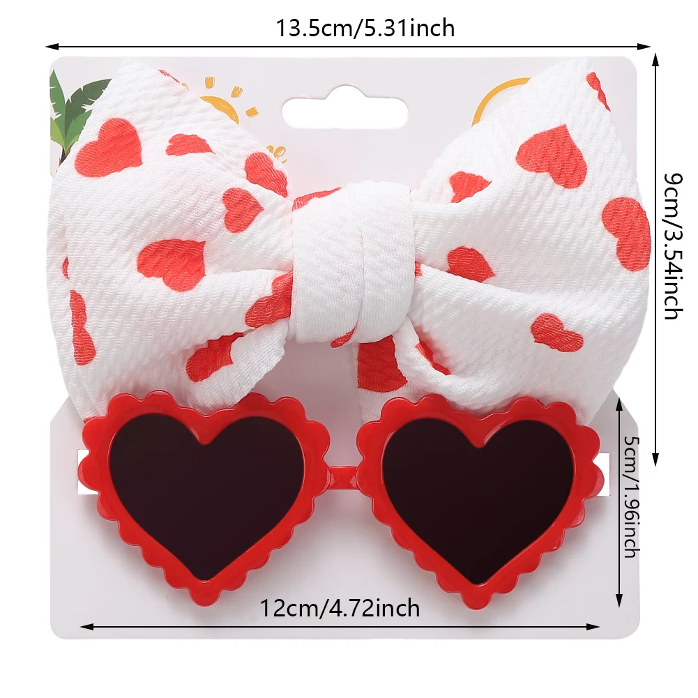 Summer 2Pcs Heart Shape Red Baby Sunglasses with Big Hair Bows Swiss Dots Nylon Headband Set Retro Sun Glasses