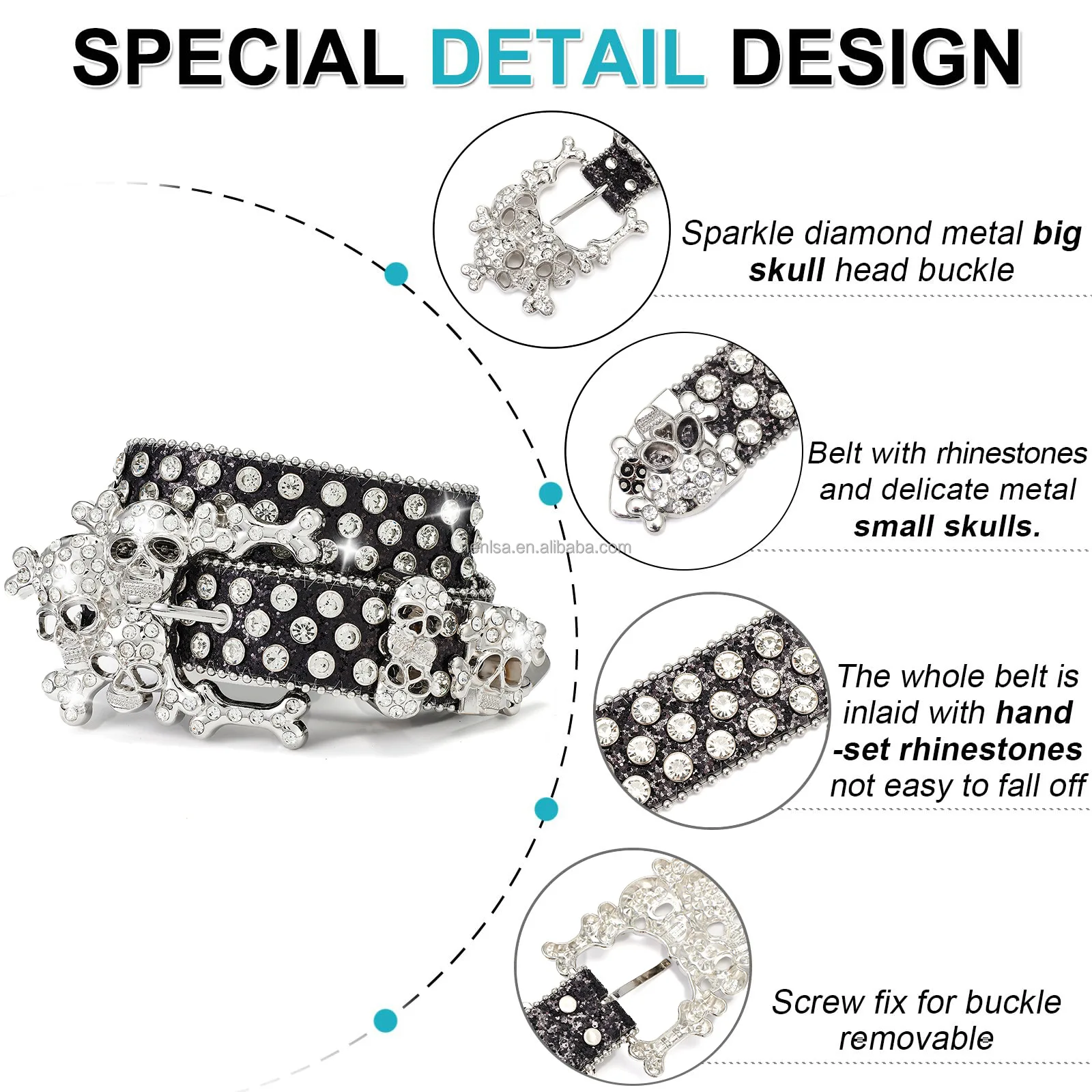 Retro metal buckle western belt bead BB imon belt diamond PU leather strap skull bucklecowboy rhinestone Belts for women