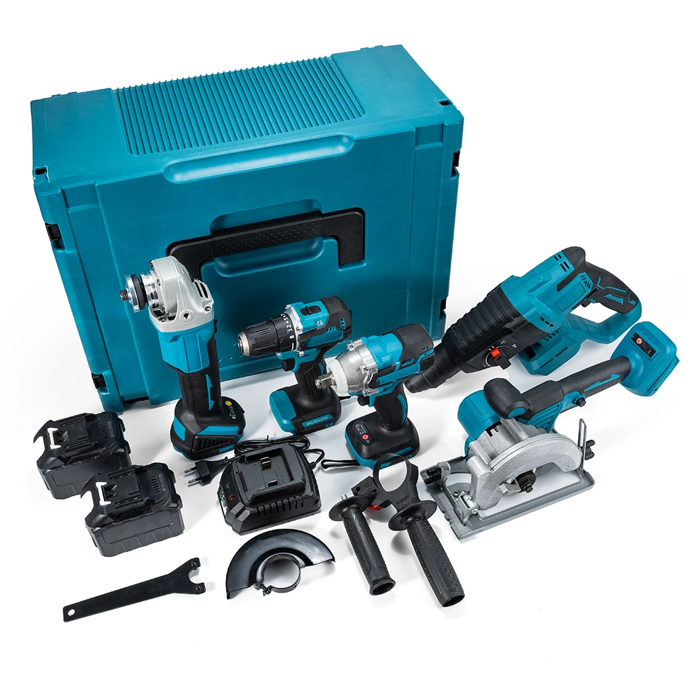 5pcs Set Combination Power Tool Kits Brushless Electric Hammer Impact Drill Angle Grinder Cordless Wrench Portable Circular Saw