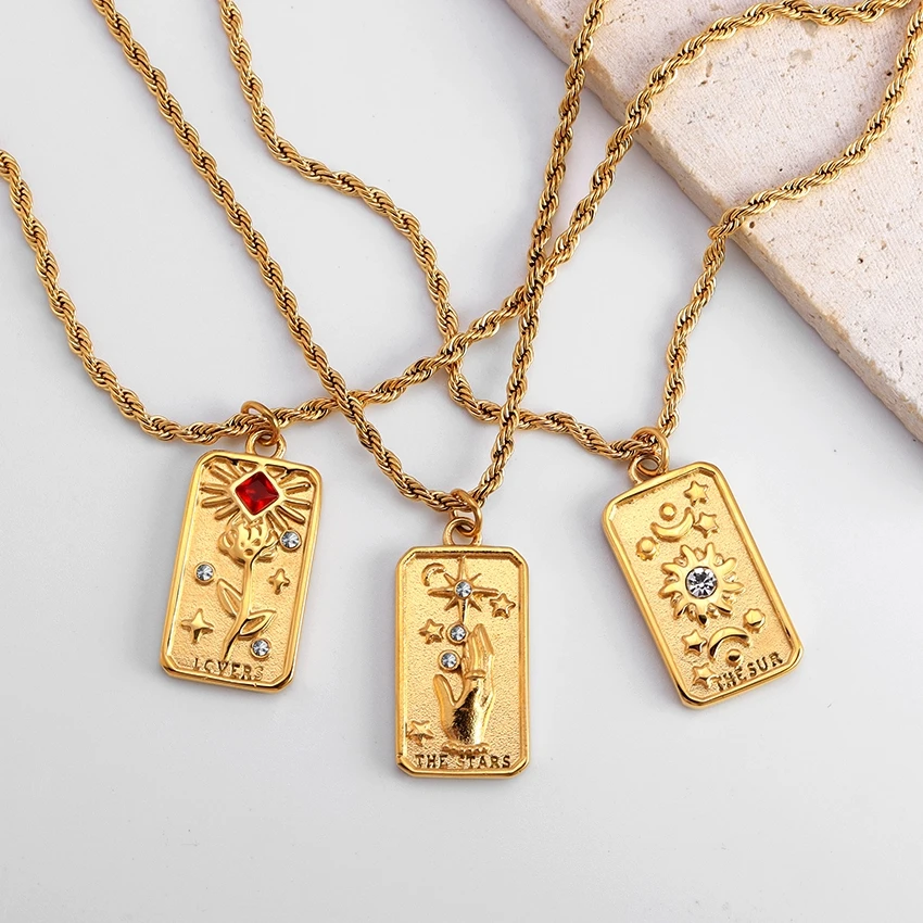 Vintage Jewelry 18K Gold Plated Tarot Card Charm Rope Chain Necklace Cz Diamond Rectangle Zircon Sun Ray Star Pendant Necklace