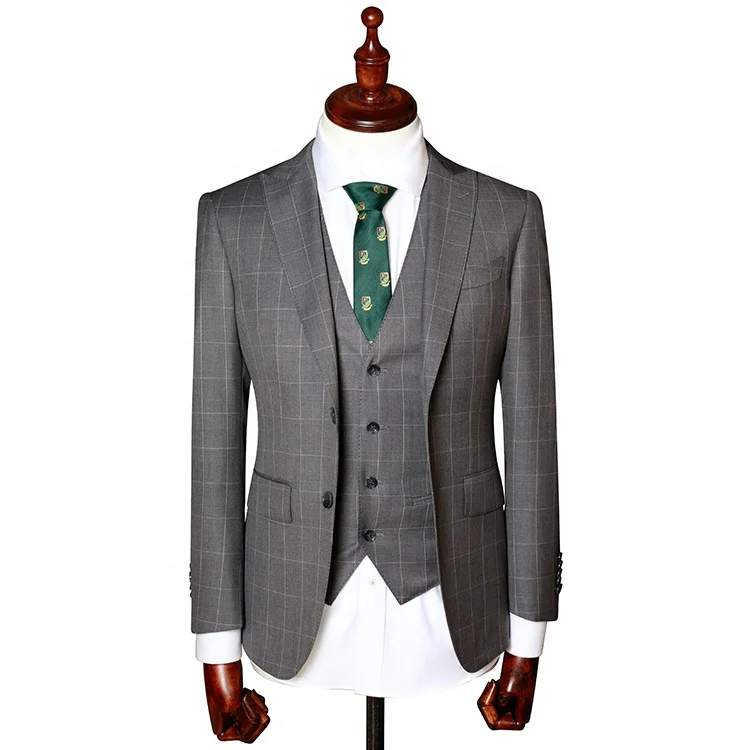2020 latest design 3 piece men suits made in China business suit coat pant vest set formal blazer brown check wool fabric