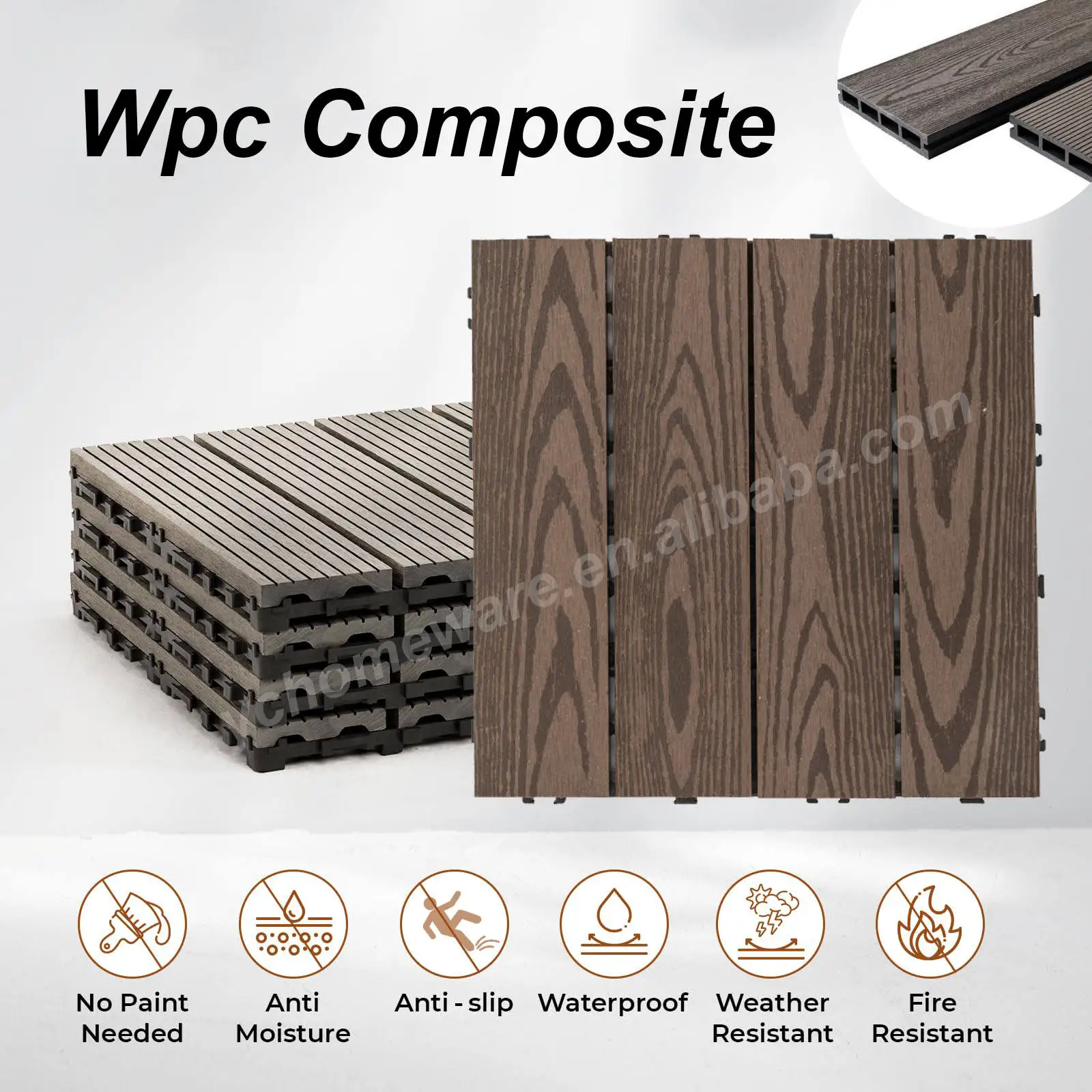 Decking Wood Patio Tiles 8 Slats Decking Tiles Easy Snap Interlocking Floor Tiles for Indoor and Outdoor