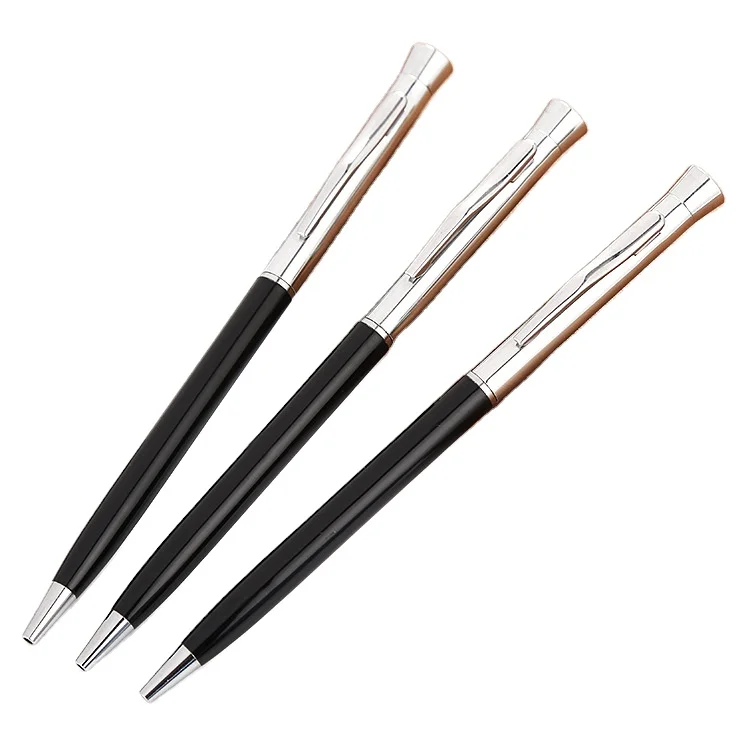 Single Design Slim Metal Biro Pen Flat Case Promotions Streamlined Thin Black Silver Hotel Pen Customized Printed Logo Pen