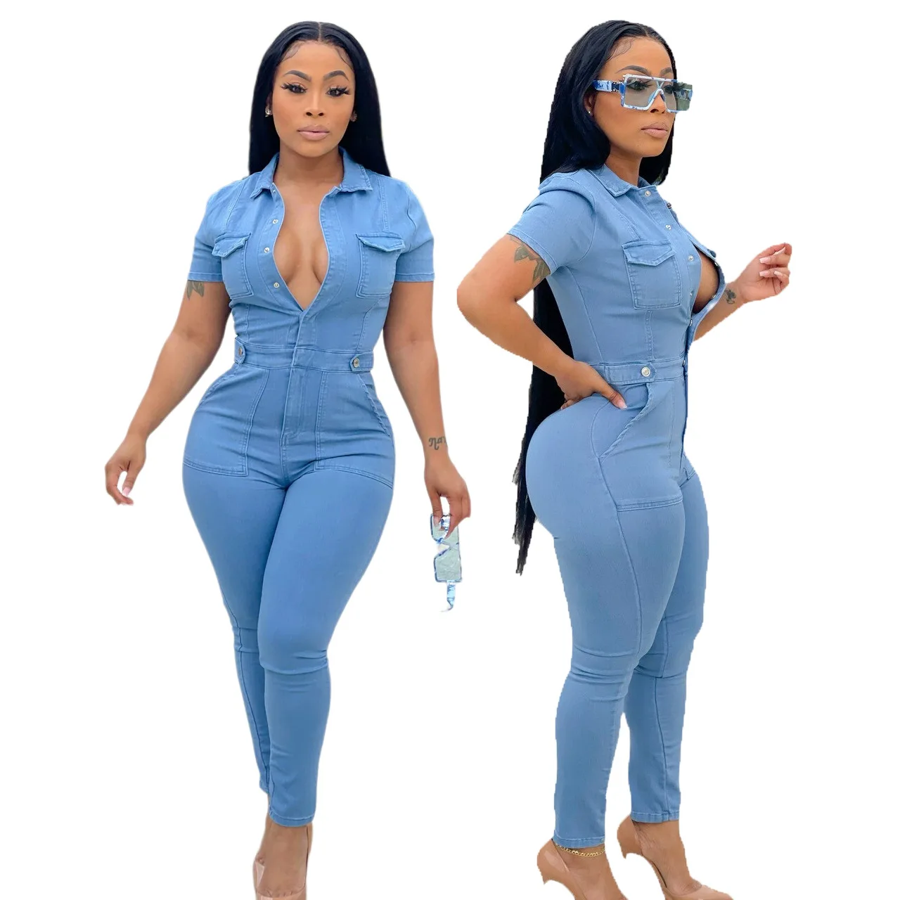 Trending Product Women Denim Pants Jumpsuit Short Sleeve Sexy Backless Lace Up Slim Fit Light Blue Denim Jumpsuit