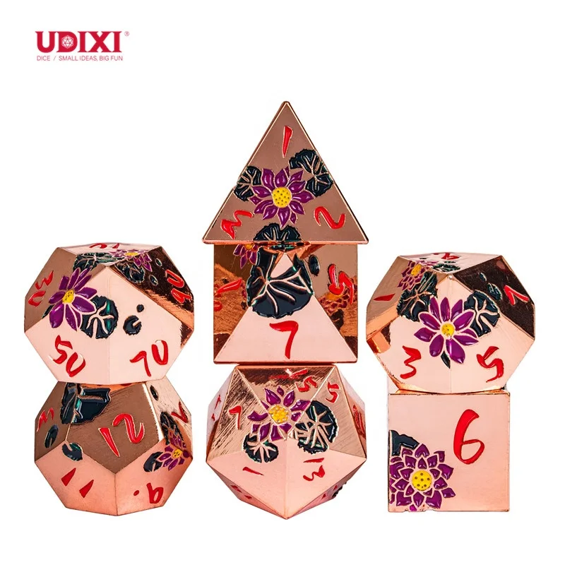 Udixi Colorful Lotus Metal Dice with Metal Box Dungeons and Dragons DND Board Game Custom Dice Set