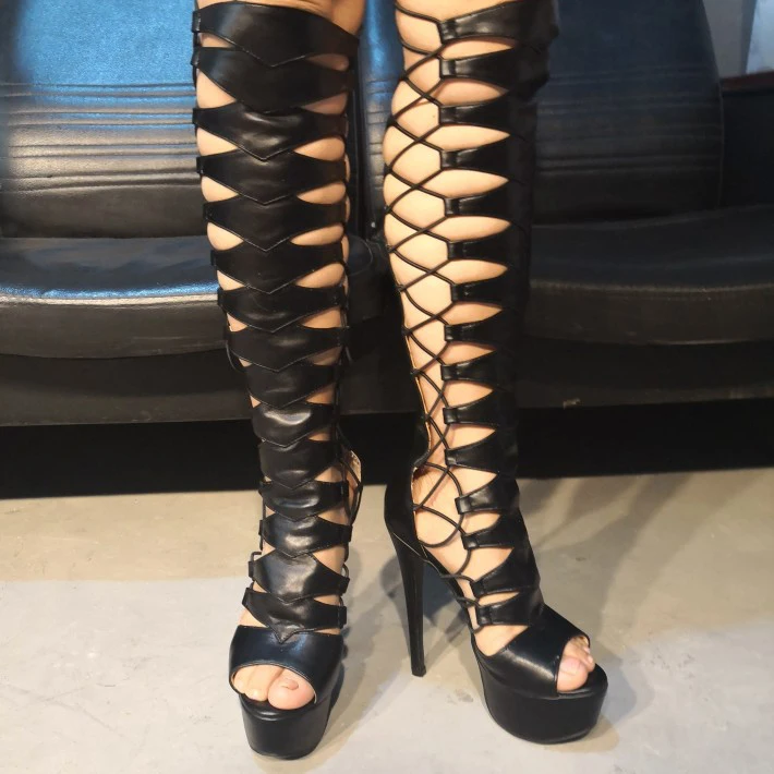 Sexy Peep Toe Summer Long Boots for Women Platform Cut out Stiletto Pumps Knee High Boots Stripper Big Size 47 Shoes
