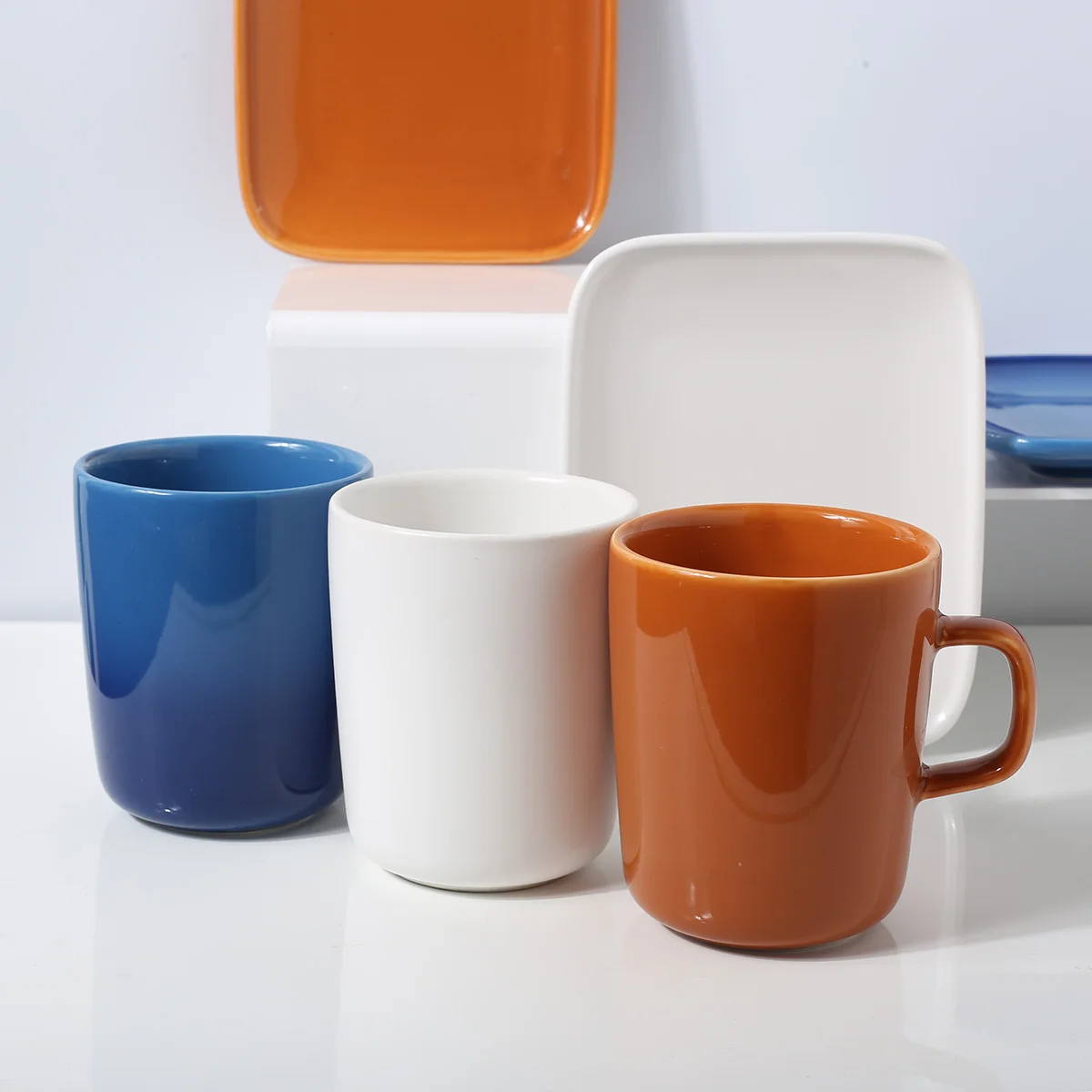 Wholesale Nordic Mug White Brown Blue Colors Ceramic Mugs Coffee Cup And Plate Set