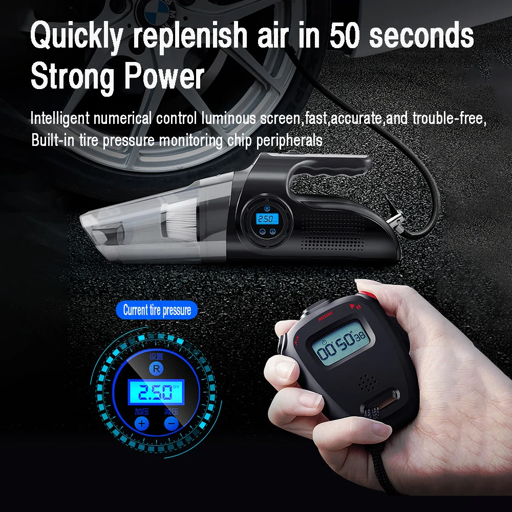 12V Cordless Digital Tire Inflators Pump Portable 4-in-1 Vacuum Cleaner with Compressor for Car Home Cleaning