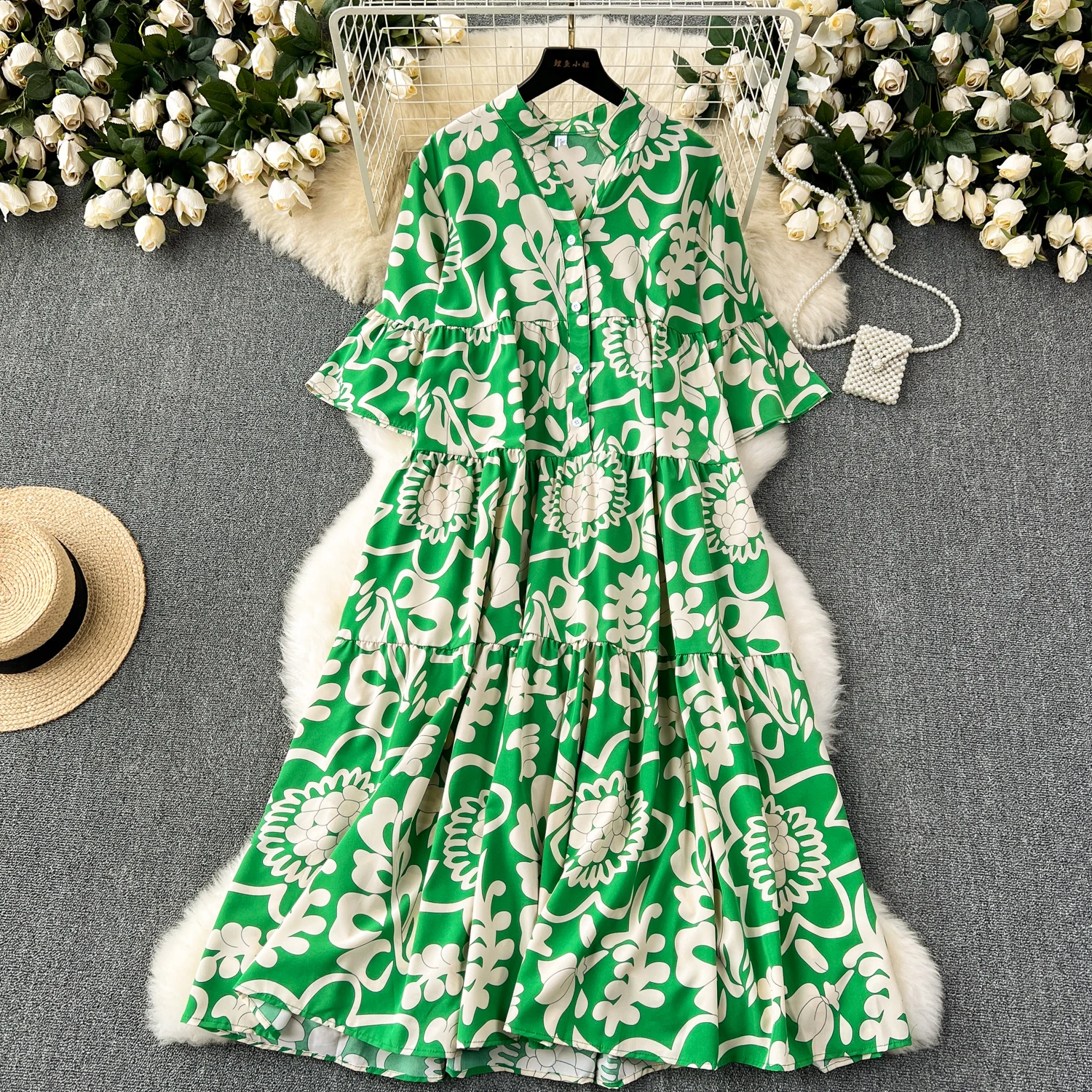 New European And American Style Round Neck Short Sleeve Printed Belt Elegant Dress