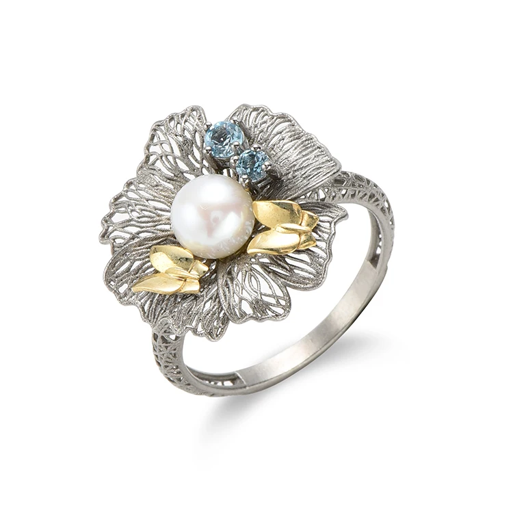 2024 Hot Sale Arrival luxury rings Fashionable Flower silver Charm Jewelry wedding blue crystal pearl rings