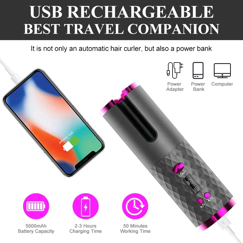 Hair Styling Tool Automatic Ceramic Magic Wand Curl Hair Mini USB Rechargeable Rotating Hair Curler 5000mAh Power Bank Function