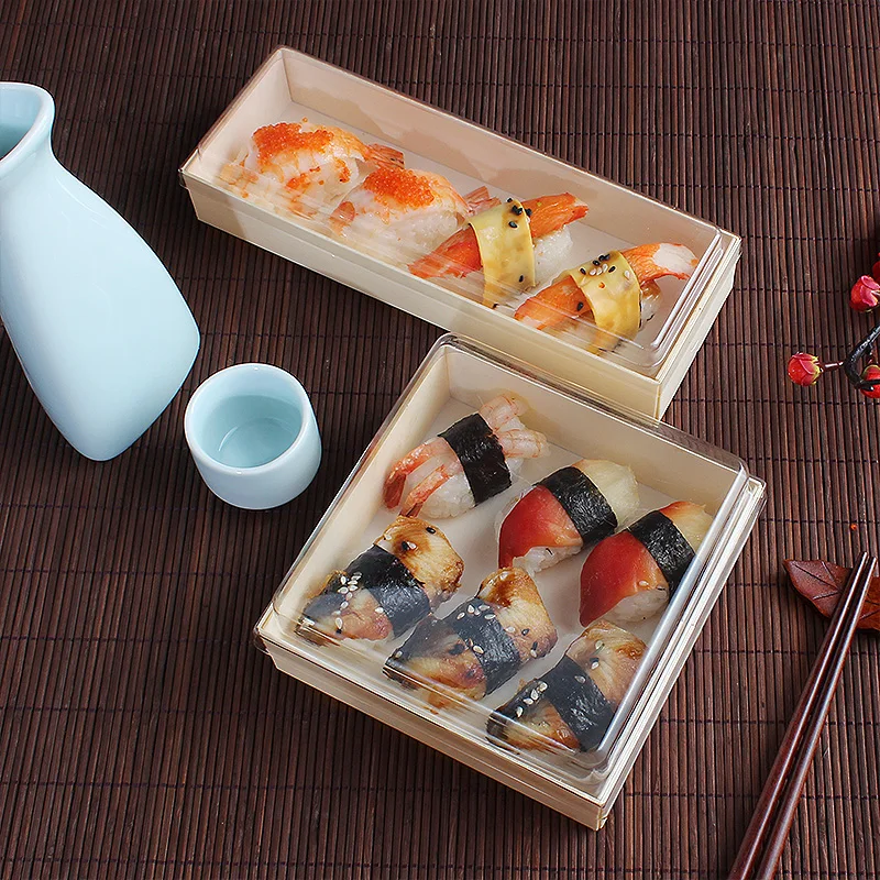 DIY High Quality Disposable Food Grade Take Away Wooden Sushi Box With Plastic Lid