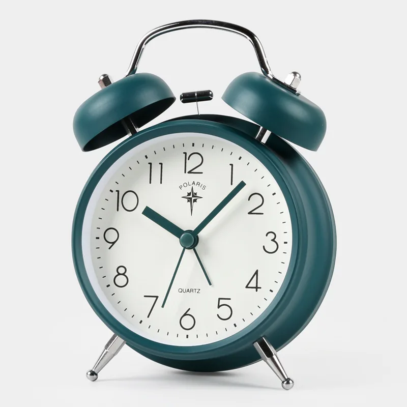 Custom twin bell metal alarm desk clock, silent student bedside table clock