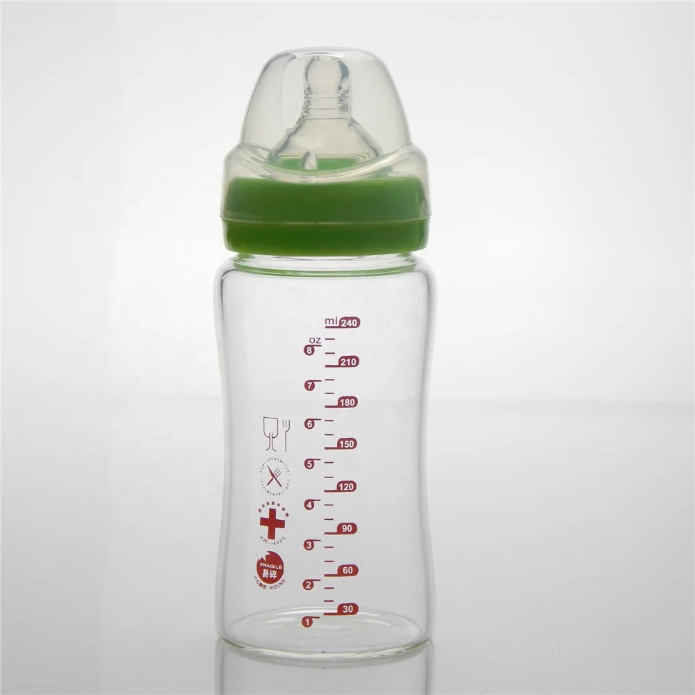 Manufacture High Quality 240ml/8oz Wide Neck Borosilicate Baby Glass Feeding Bottle With Silicone Nipple