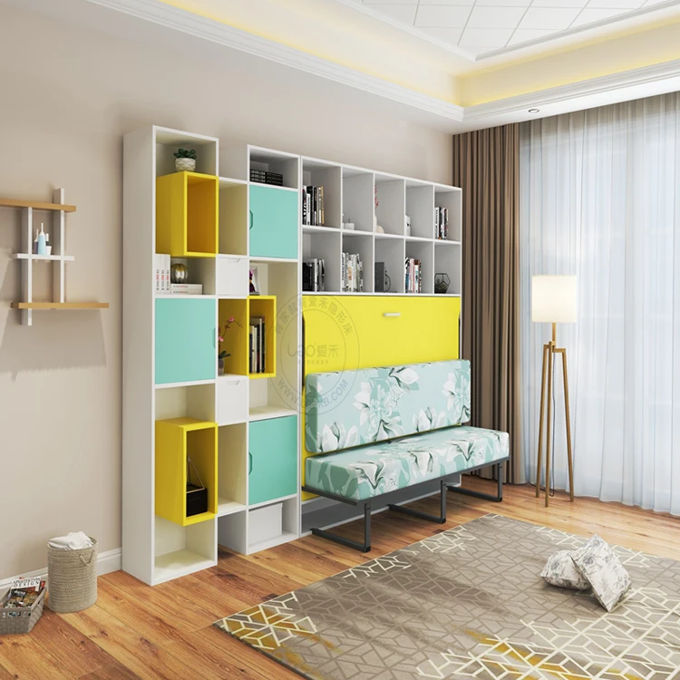 Modern iron horizontal adjustable folding down wall bed sofa murphy bed with sofa table