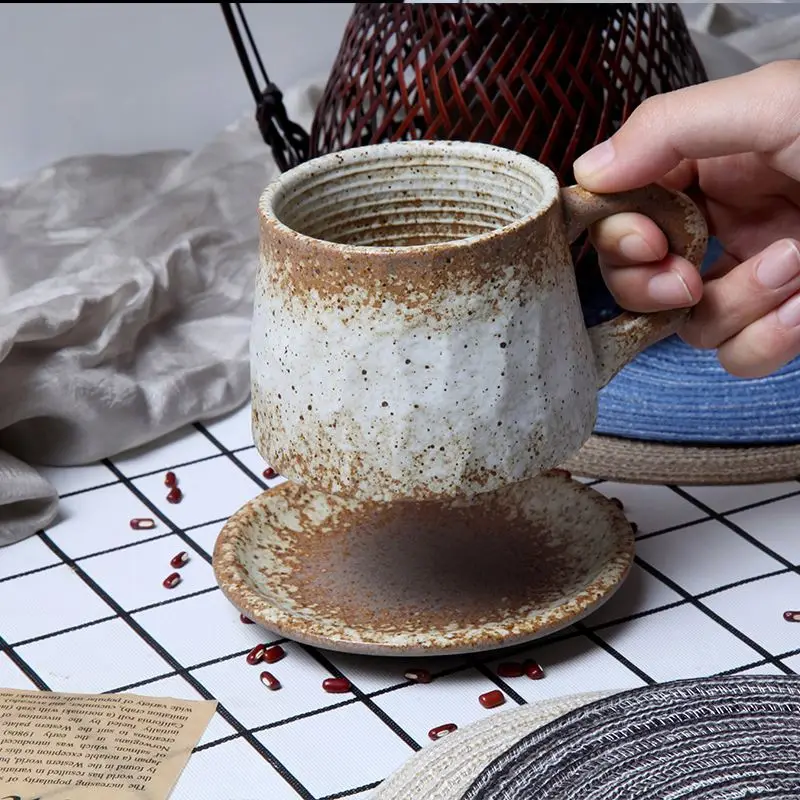 
Promotional Nordic Creative Handmade Rustic Artisan Retro Frosted Plain Milk Tea Ceramic Cup And Saucer 