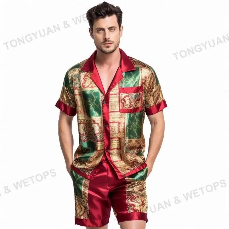 2024 Hot Selling Wholesale Prints Summer Plus Size Short Sleeve Men Sleepwear Silk Satin Pajama Set