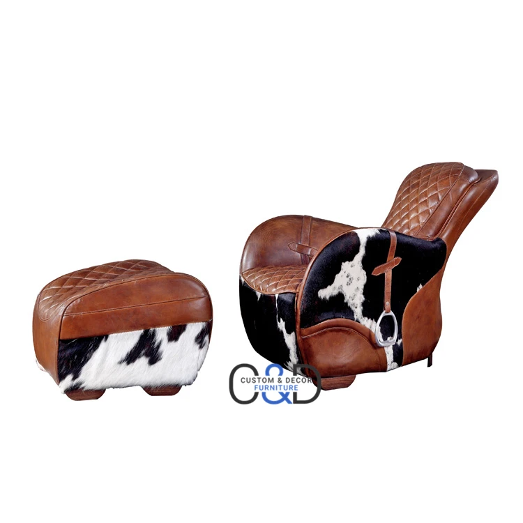 
Luxury modern design saddle armchair with ottoman classical full genuine leather single sofa chair 
